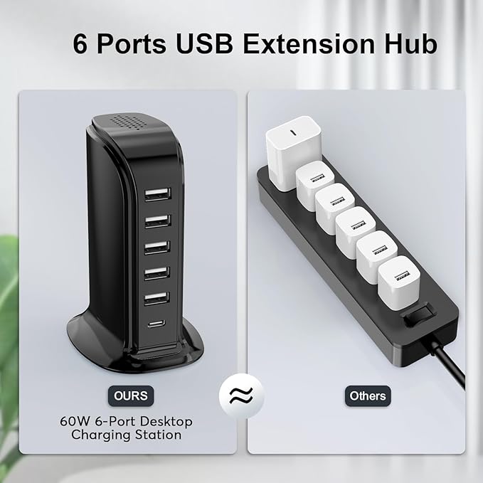 USB Charger Block with Type C, 6-Port Chargers for Multiple Devices, USB Charging Hub with Smart IC, Charger Station Total 60W for Phone/Tablet/Gaming, Wall Charger Adapter Compact&Portable