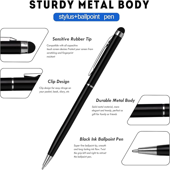 FIRCRE 15 Pack Stylus Pens for Touch Screens Stylus Pen Compatible with Phone Tablets Kindle and Black Ink Ballpoint Pens-2 in 1 Stylists pens for Touch Screens (Silver & Black)