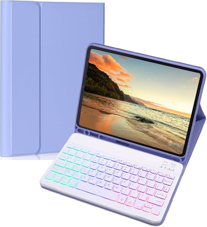 Keyboard Case for Galaxy Tab A9+/A9 Plus 11 Inch 2023, Slim Lightweight 7 Color Rainbow Backlight Detachable Magnetic Bluetooth Keyboard Cover with S Pen Holder,Purple