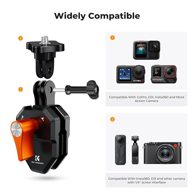K&F Concept Motorcycle Windshield Clip Mount for GoPro Hero 13/12/11/10/9 Black, Aluminum Alloy Camera Clamp with 1/4” Adapter for DJI Osmo Action 3/4/5 Pro Insta360 X5/X4, Action Camera Accessories