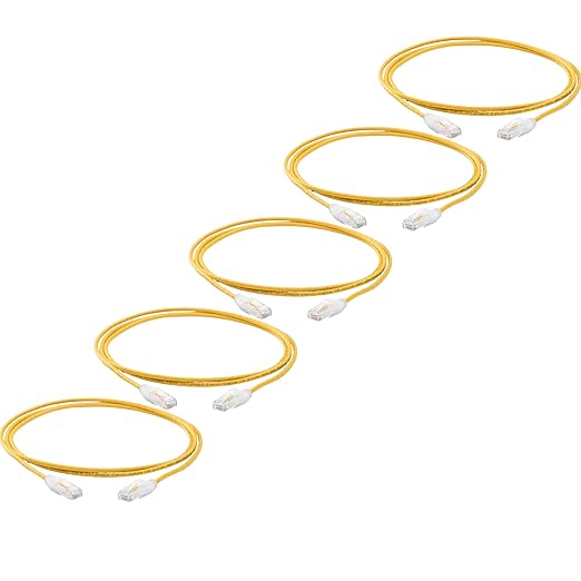 TRUECABLE Cat6 Component Rated Patch Cable, Unshielded (U/UTP), 7ft, Yellow, 28AWG Solid Copper, Snagless 10G High-Speed Ethernet Cable, PoE++ 4PPoE 100W, UL Listed, RoHS-3, 5 Pack
