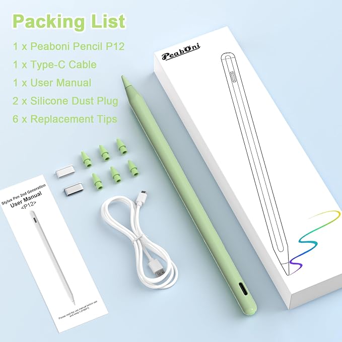Pencil 2nd Generation for iPad 2018-2024 with Magnetic Wireless Charging Compatible with Apple iPad Pro 13”(M4)/12.9”/11”,iPad Air 6(M2)/5/4/3,iPad mini 7(A17 Pro)/6/5,iPad10/9/8/7/6 Green