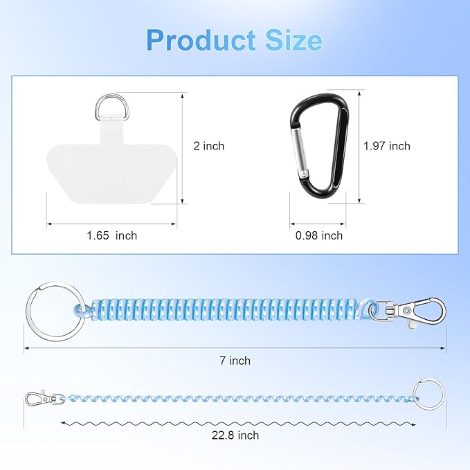 SHANSHUI Phone Tether, 2 Pcs Anti Theft Spring Phone Strap, 4 x Tether Pacthes & Carabiner Clips Universal Cellphone Lanyard for Keys Outdoor Skiing Hiking Fishing Fitting for All Smartphones