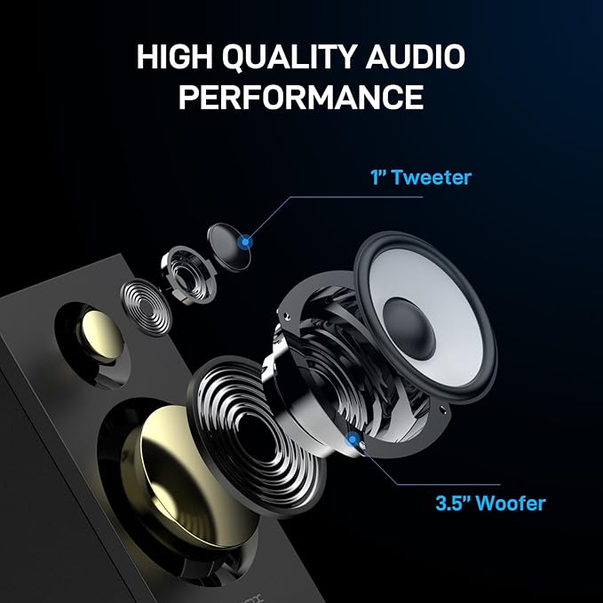 BT16 HiFi Bookshelf Speakers 3.5" Woofer with 1" Tweeter, 60W(30Xx2) Bluetooth 5.3, Powered Stereo Speaker with 24bit DAC USB and Adjustable Treble/Bass, Computer Gaming PC Speakers - Black