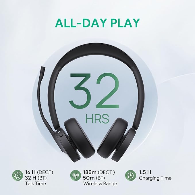 Yealink WH64 DECT & Bluetooth Dual UC Zoom Wireless Headset, 606 ft Range On Ear Work Headphones with 3X Noise Cancelling Mic, 32H Talk Time, Ringer, Office Headsets for Desk Phone, PC,Cellphone