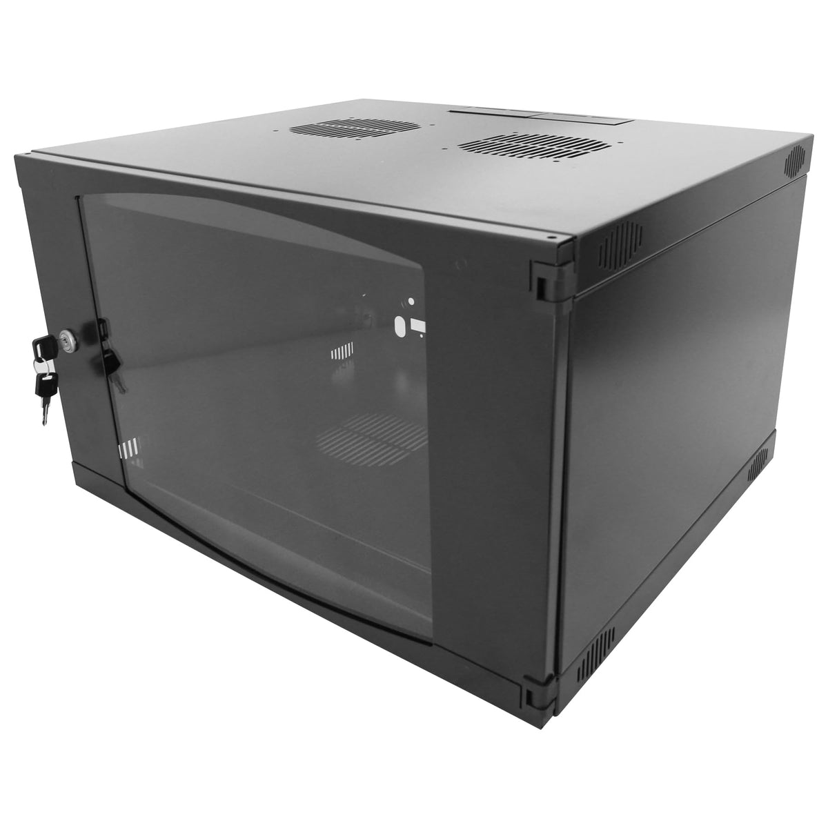 GlobalRack 9U Wall Mount Cabinet, Glass Door, Locking Casters, 2 Fans