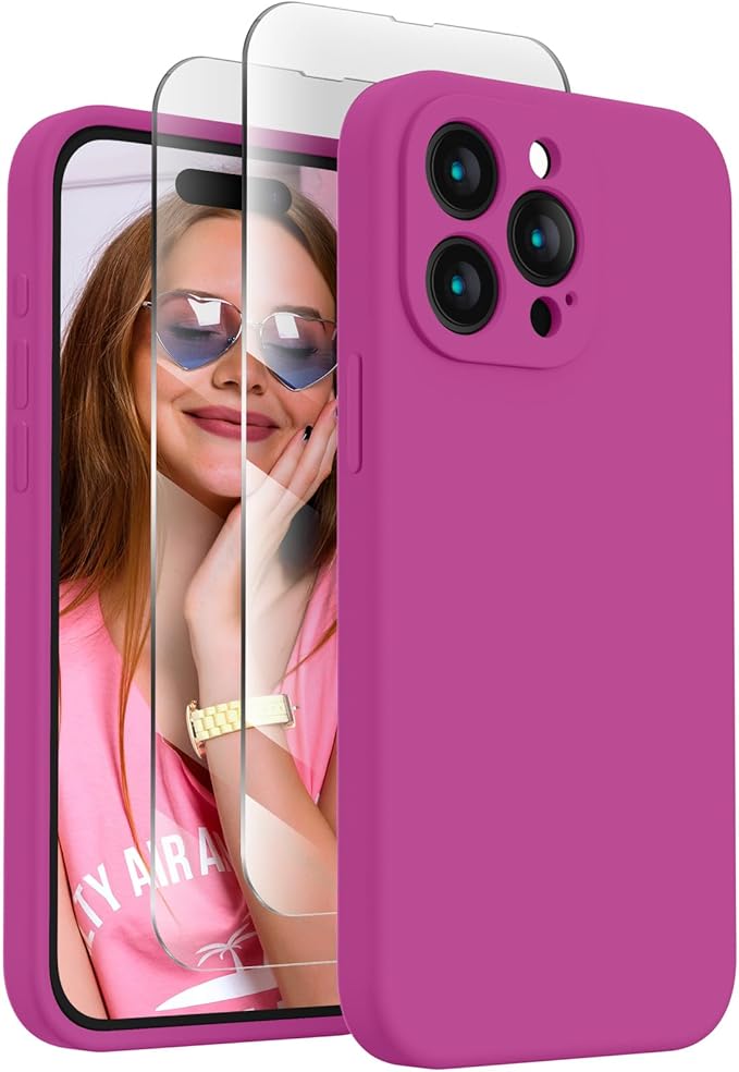 FireNova Designed for iPhone 15 Pro Max Case, Silicone Upgraded [Camera Protection] Phone Case with [2 Screen Protectors], Soft Anti-Scratch Microfiber Lining Inside, 6.7 inch, Shocking Pink