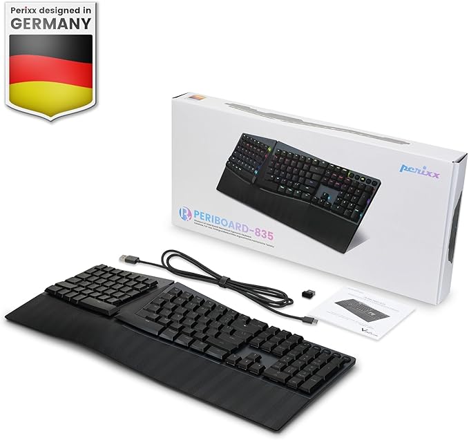 Perixx PERIBOARD-835RD Wireless Ergonomic Mechanical Keyboard - RGB Backlit - Low-Profile Red Linear Switches - Multi-Device Connection - Compatible with Windows and Mac OS X - US English