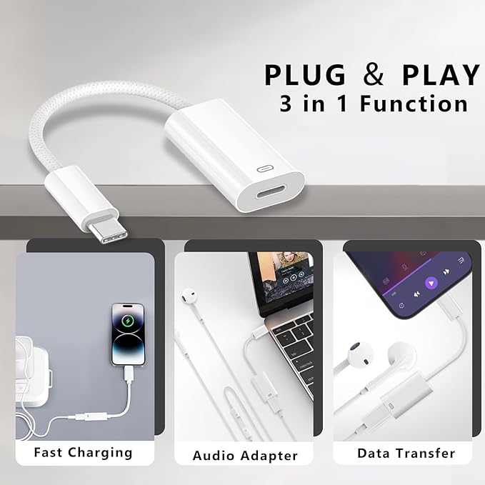 USB C to Lightning Headphone Audio Adapter, Type C Male to Female Lightning Earphone Converter with Charge/Data Transfer, Compatible with iPhone 17/16/15 Plus/Pro/Max, iPad Pro/Air, MacBook（2 Pack）