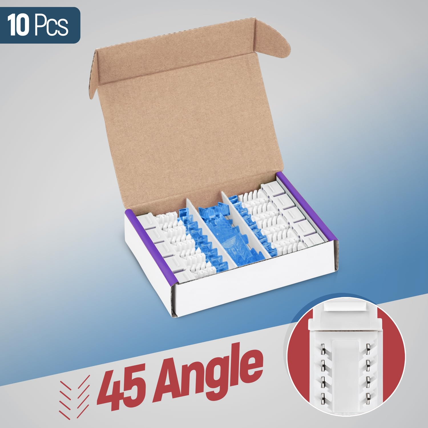 Everest 45 Degree RJ45 Cat5e Keystone Jacks Slim Profile 10-Pack White