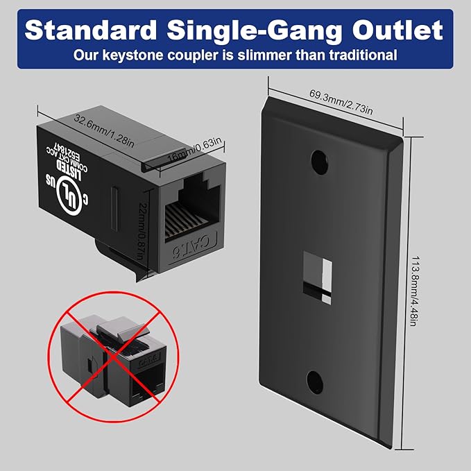 VCE Black Ethernet Wall Plate (UL-Listed), 1-Port CAT6 Wall Plate and Jack, RJ45 Keystone Wall Outlet with Single Gang Low Voltage Mounting Bracket, 2-Pack