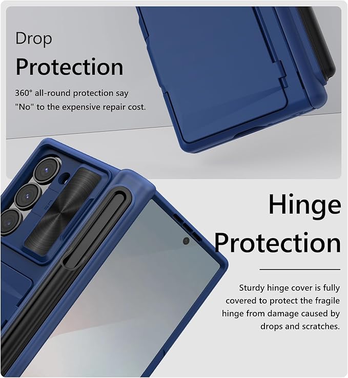 Vihibii for Samsung Galaxy Z Fold 6 Case Wallet with S Pen Holder & Card Holder & Slide Lens Cover & Screen Protector & Hinge Protection, Durable Rugged Protective Phone Case for Galaxy Z Fold6, Blue