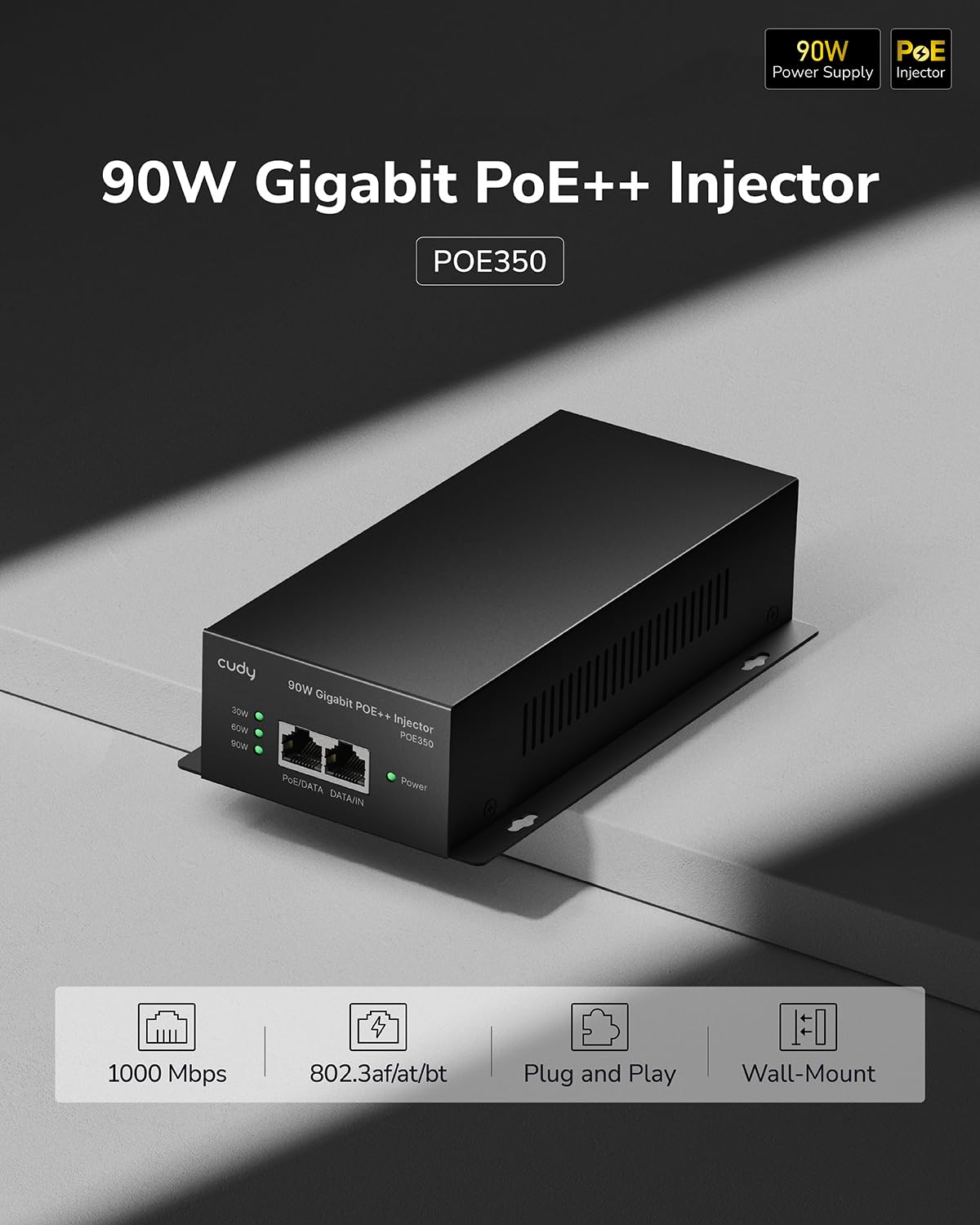 Cudy 90W Gigabit PoE++ Injector, 802.3bt/at/af, 4-Pair, Metal, POE350