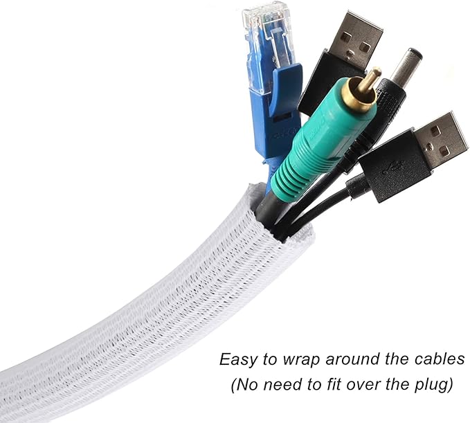 CrocSee 10ft - 1/2 inch Braided Cable Management Sleeve Cord Protector - Self-Wrapping Split Wire Loom for TV/Computer/Home Theater/Engine Bay - White
