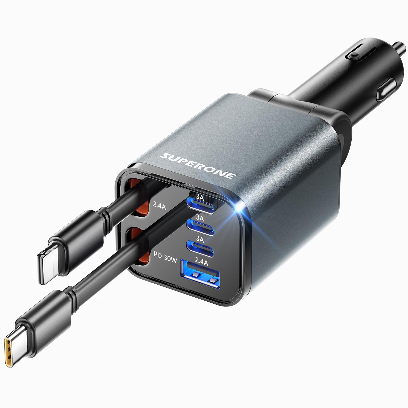 [Upgraded] 6 in 1 Retractable Car Charger with USB-C & Apple Cables