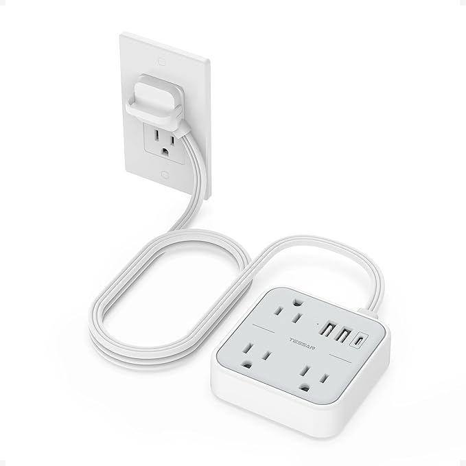 Cruise Essentials, TESSAN Flat Plug Travel Power Strip, Non Surge Protector for Cruise Ship, 3 Outlets 3 USB (1 USB C), 5 FT Extension Cord Small Power Strip with Ring Pull, Portable for Travel