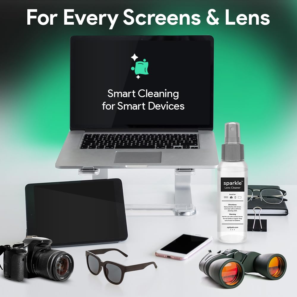 OPTIPAK Sparkle Anti-Reflective Lens Cleaner Spray kit | (1) 2oz Glasses Cleaner Spray + (1) Microfiber Cloth for Eyeglasses, Sunglasses, Lenses, Screens and Camera Cleaning Kit (2 Piece Set)