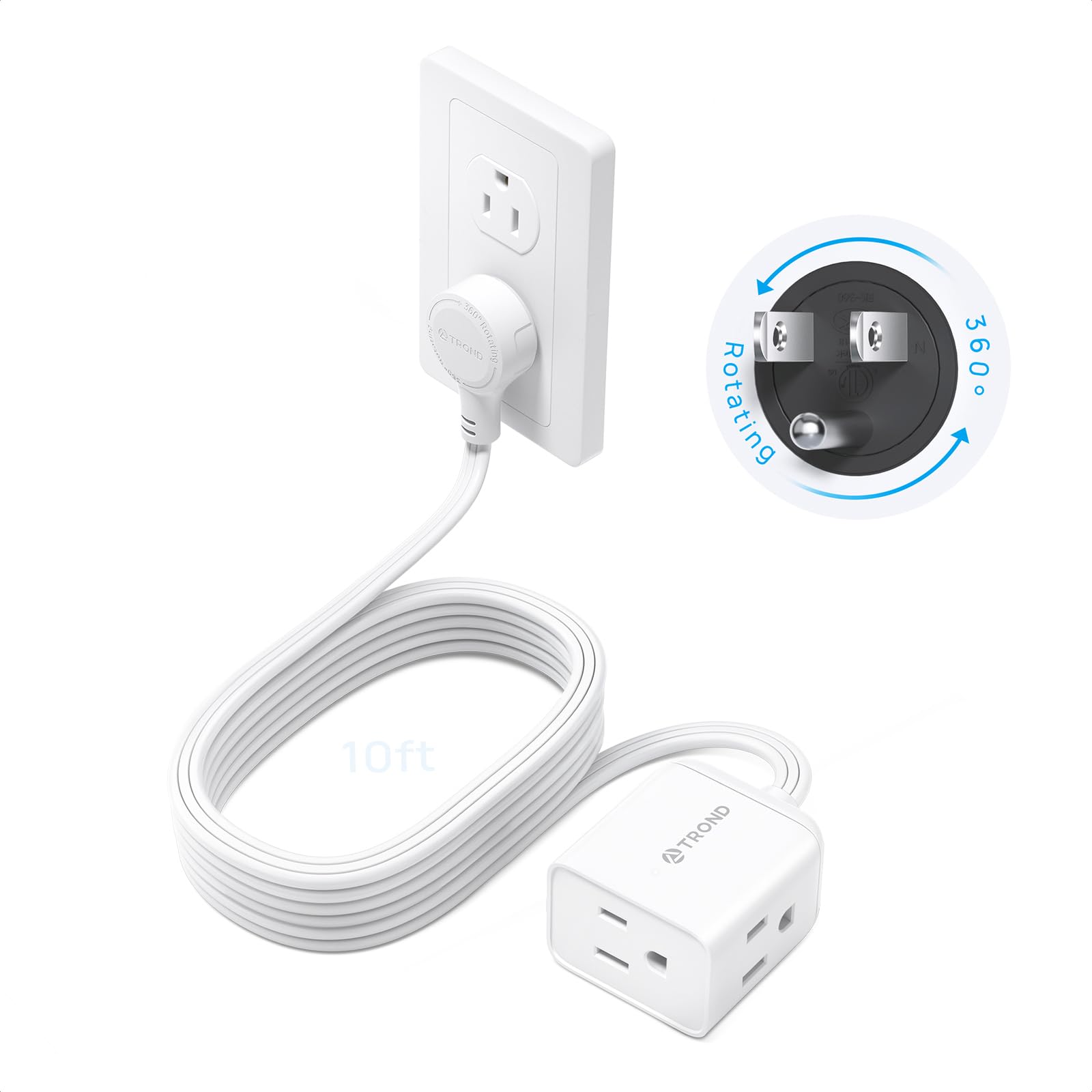 TROND 360 Rotating Flat Plug Extension Cord 10ft, 3 AC, ETL Listed, White