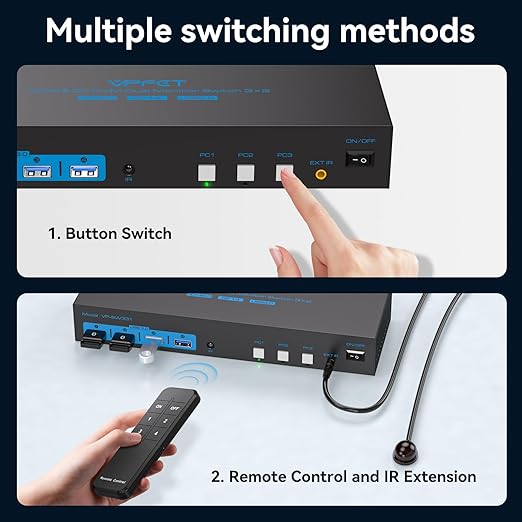 HDMI2.0+ Displayport1.4 KVM Switch 2 Monitors 3 Computers USB 3.0 KVM 8K & 4K Swicthes for 3 Computer Share Dual Monitor and 1 Set of Keyboard Mouse Printer and U Disk. Two USB Cables Included.