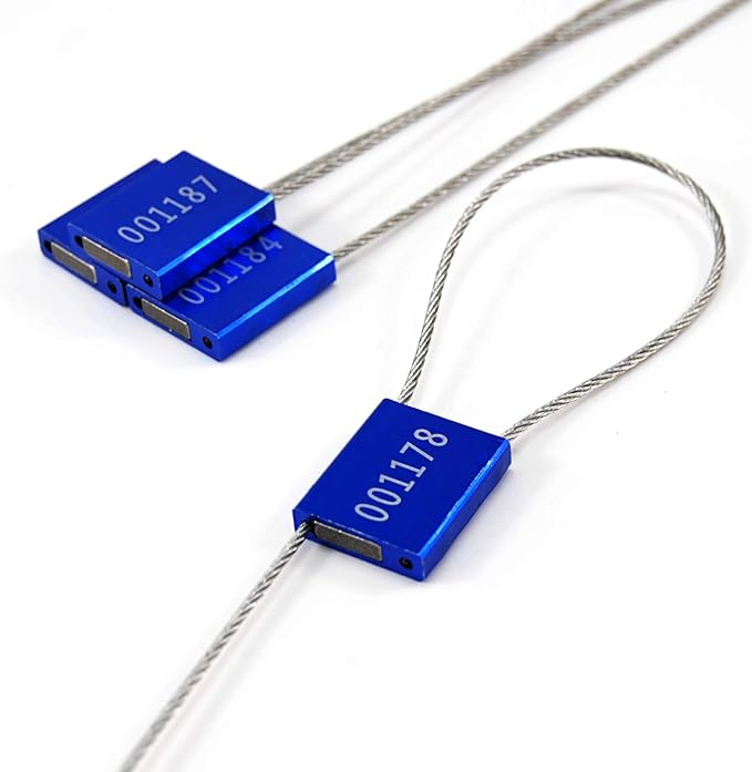 Leadseals(R) 200 Blue Steel Cable Seals Metal Security Tag Numbered Truck Trailer Seal Anti-Tamper Pull-Tite Security Seal Aluminum Body Transport Shipping Seal Self-Locking Safety Ties ISO 17712
