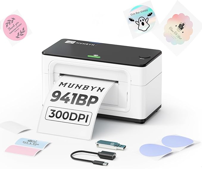MUNBYN Bluetooth Thermal Label Printer 941BP, Wireless 300DPI 4x6 Shipping Label Printer for Small Business Compatible with Windows, Mac, iPhone, Android, PC, Amazon, Shopify, Etsy, USPS (White)