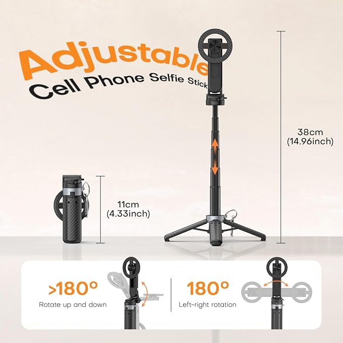 Mini Magnetic Selfie Stick,360° Rotation Carbon Fiber Cell Phone Tripod for MagSafe,Portable Magnet Selfie Stick with Remote Control,Extendable Small Travel Tripod Phone Stand for MagSafe Smartphones