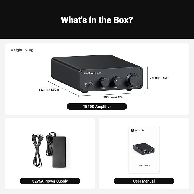 Fosi Audio TB10D 2 Channel Stereo Amplifier, Class D Mini Power Integrated Amplifiers 600W for Passive Speakers/Bass Shaker, Home Audio Component Desktop Amp Receiver TPA3255 with Bass Treble Control