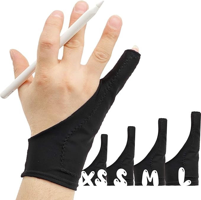 AKX Artist Drawing Glove Medium - 2 Pack Palm Rejection for iPad - Smudge Guard, 1 Finger, Fingerless, Good for Left and Right Hand, Black | AK-010