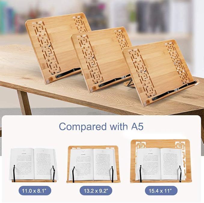 wishacc Large Size Bamboo Book Stand and Cookbook Holders for Reading Hands Free