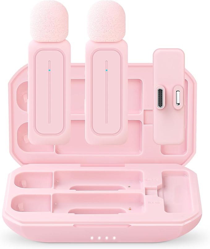 2 Pack Wireless Lavalier Microphone for iPhone iPad Android with Charging Case - 7H Clip on Lapel Microphone Wireless for Video Recording Vlogging, YouTube, Interview, 3 Mode Denoise (Pink)