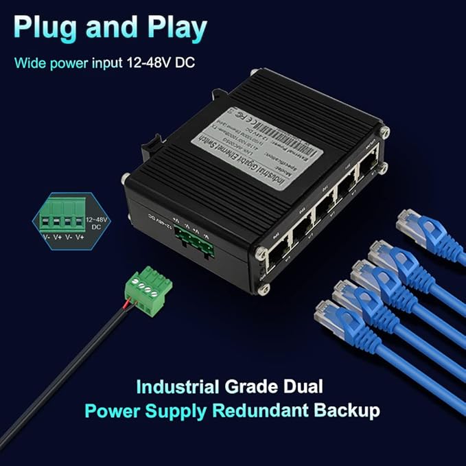 Mini Industrial 5 Ports Gigabit Switch Hardened 5 Port RJ45 10/100/1000Mbps Ethernet Switch Din Rail Mount Ethernet Switch Wall Mounts Included (-40 to 167 ºF) 10Gbps Switching Capacity