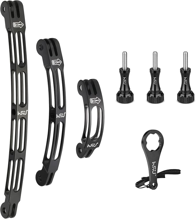 HSU Aluminum Alloy Curved Extension Arm Kit Metal Pole Mount Helmet Stick Extension Arm Mount for GoPro Hero 13/12/11/10/9/8/7/6 Black, DJI Osmo Action and More Action Cameras (7.9”/5.3”/3”) (Black)