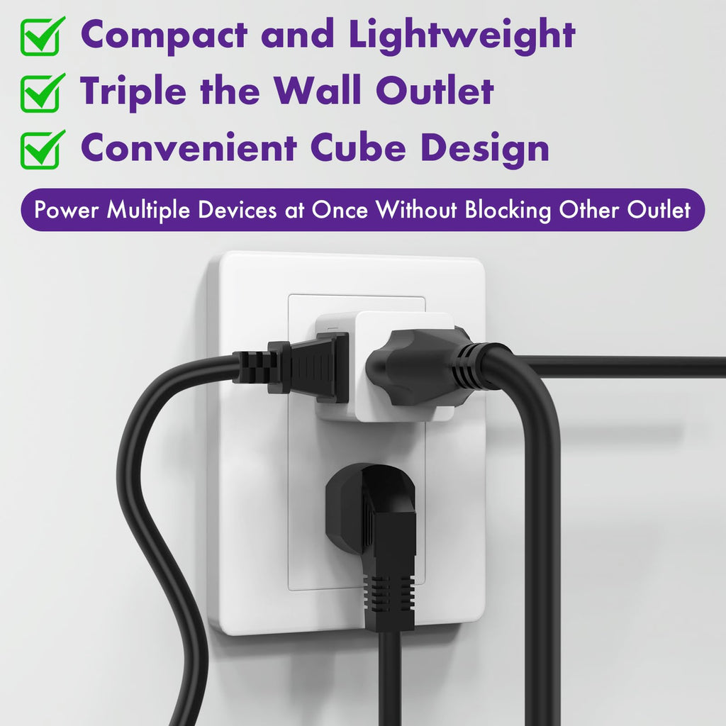 POWERCORDS 3 Outlet Cube Wall Adapter, 3 Pack, Recessed Outlet Extender, Low Profile 3 Prong Plug Splitter, Grounded Wall Tap, 90° Compact Adapter, Cruise & Travel, UL Listed 15A 125V White