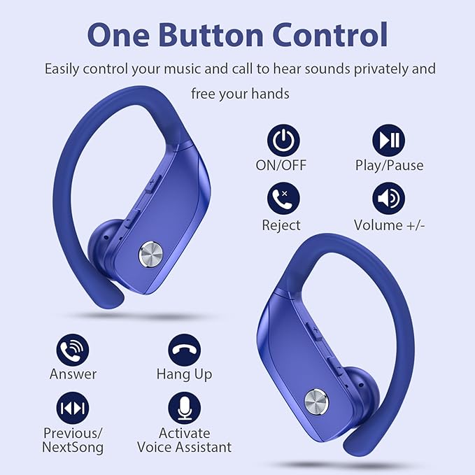 bmanl Wireless Earbuds Bluetooth Headphones 48hrs Play Back Sport Earphones with LED Display Over-Ear Buds with Earhooks Built-in Mic Headset for Workout Blue