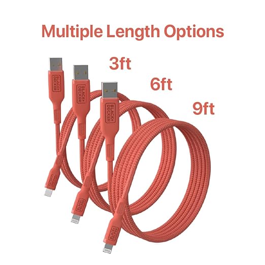 BLACK+DECKER Lightning to USB Cable - Fast Compatible iPhone Lightning Cable - Durable Braided iPhone Charger Cord - for Travel and Daily Use - Multiple Color + Length Options - 9ft