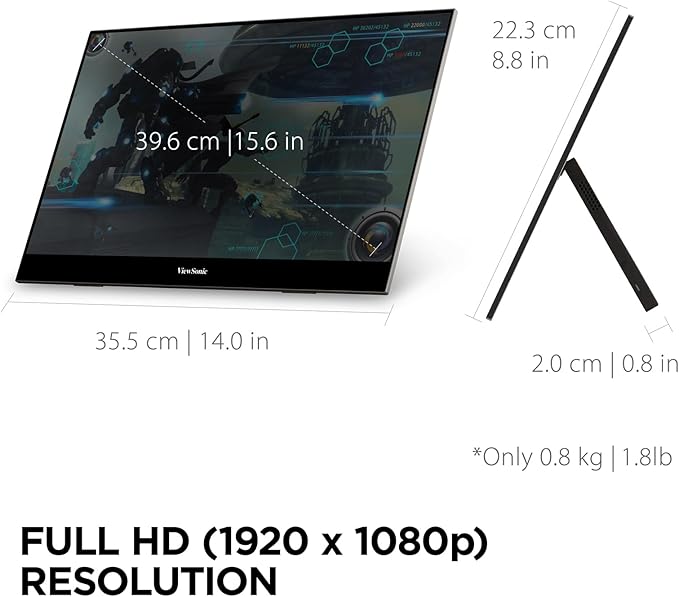 ViewSonic VX1655 15.6 Inch 1080p FHD Portable LED IPS Monitor with 2 Way Powered 60W USB C, Mini HDMI, Dual Speakers, and Built-in Stand with Tripod Mount,Black