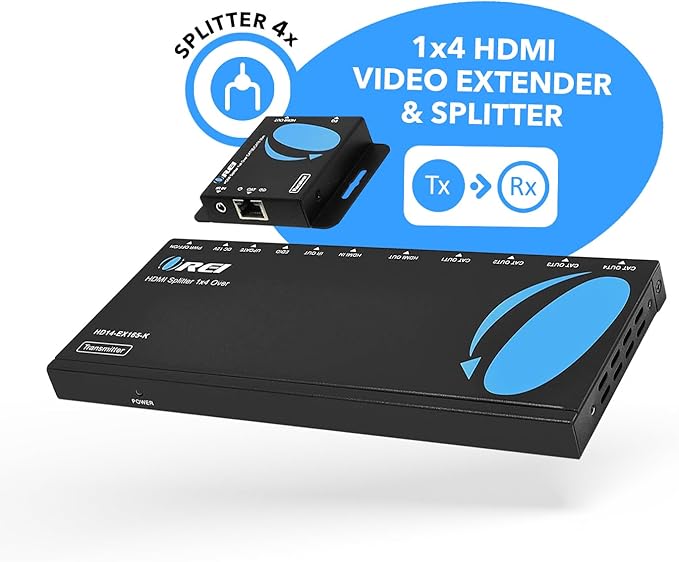 OREI 4K 1x4 HDMI Extender Splitter Over CAT6/7 Ethernet Cable Up to 4K@30Hz upto 165 ft-1080P@60Hz upto 230 ft, IR control, EDID, HDMI Loop Out (HD14-EX165-K)