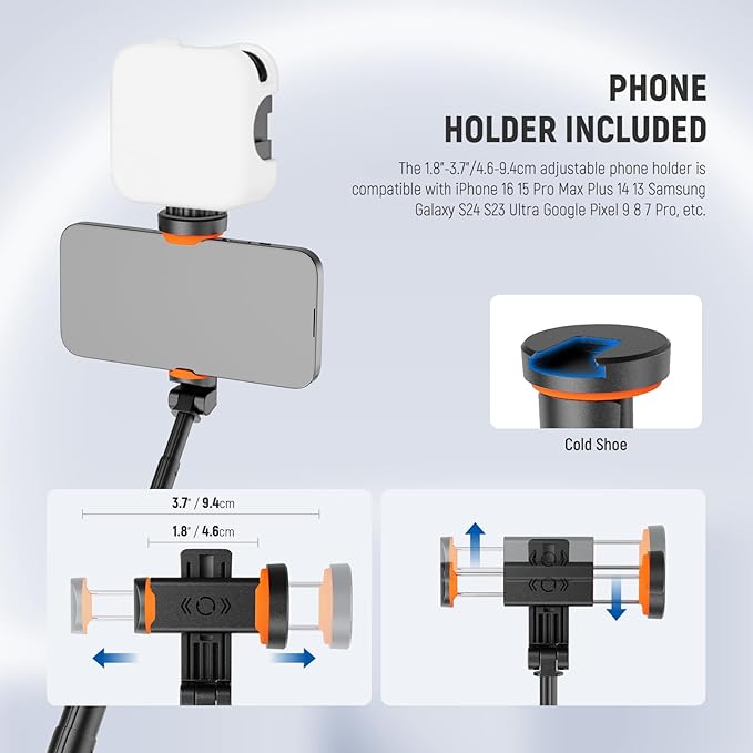 NEEWER 57.9" Selfie Stick Tripod Compatible with iPhone Samsung Android, Metal Portable Lightweight Travel Cell Phone Stand with Phone Holder Mount & Remote for Video Recording Filming, PA992 Black