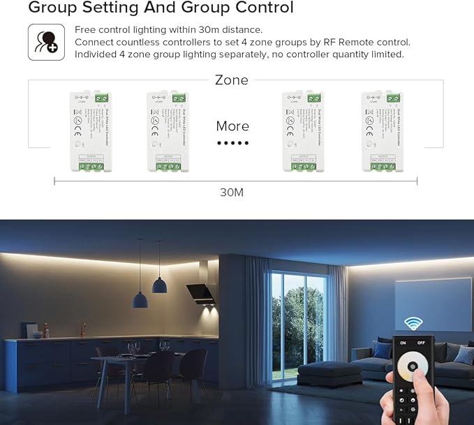BTF-LIGHTING RF 2.4GHz Wireless Remote RC02RFB &4PCS C02RF Tuya Controller Kit 4 Zone Group Control PWM CCT(+ CW WW) 3pin 5050SMD FCOB COB Dual White LED Strip DC5V DC12V DC24V