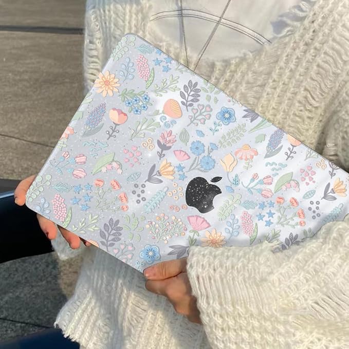 for MacBook Air 13 inch Case 2021 2020 2019 2018 Model M1 A2337 A2179 A1932 with Retina Display & Touch ID, Shiny Pattern Plastic Hard Shell Case Keyboard Skin Cover, Starry Sky Flowers