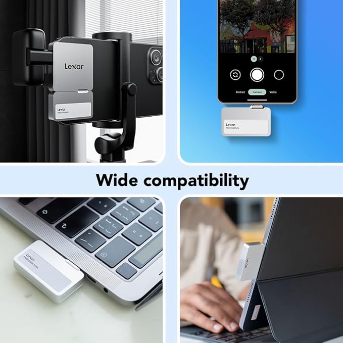 Lexar 2TB Professional Go Portable SSD w/Hub, Supports Apple 4K 60fps ProRes, Up to 1050MB/s, USB 3.2 Gen 2, Rugged, IP65, Ultracompact, Compatible w/iPhone 15/16, External SSD (LSL400S002T-RNSNU)