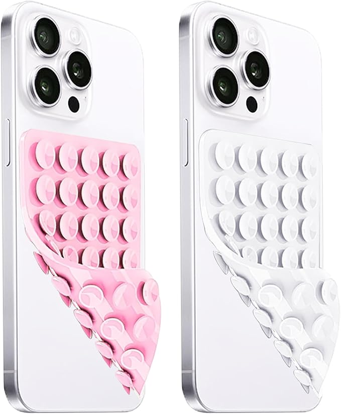 LvShuLiangPin Anteel 2 Pack Silicone Suction Cup Phone Case Mount Double Sided, Hands-Free Strong Grip Silicon Phone Holder, Non Slip Phone Accessories for Selfies and Videos (Light Pink&White)