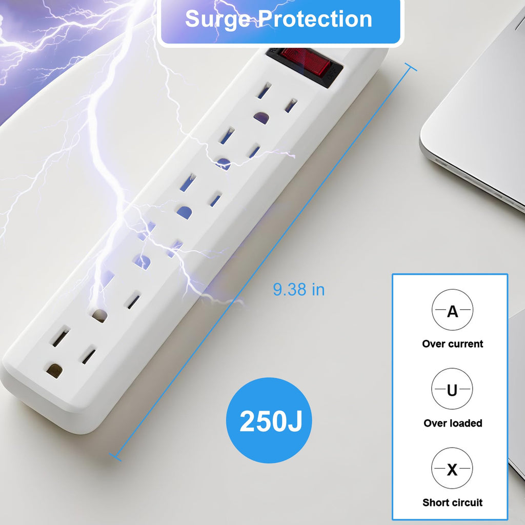PowerEnvy 6-Outlet Surge Protector 2pk – 250 Joules, 2ft Cord, 15A/125V, 1875W Max – Right Angle Plug, Black – Home, Office, & Electronics Protection
