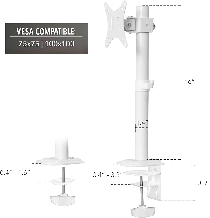 Mount-It! White Single Monitor Stand – Adjustable Desk Arm for Computer Screens – VESA Compatible Holder Up to 32" 19.8 lbs – 360° Rotation, 160° Swivel, 40° Tilt – Space-Saving Clamp & Grommet Base