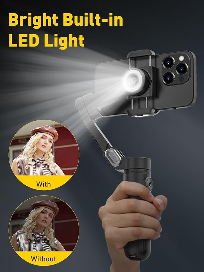 3-Axis Gimbal Stabilizer for iPhone 15/14/13 Pro Max Android,Foldable Smartphone Gimbal w/Built-in Fill Light,1/4 Thread,Professional Anti-Shake Video Record for TikTok YouTube(Smart X Black)