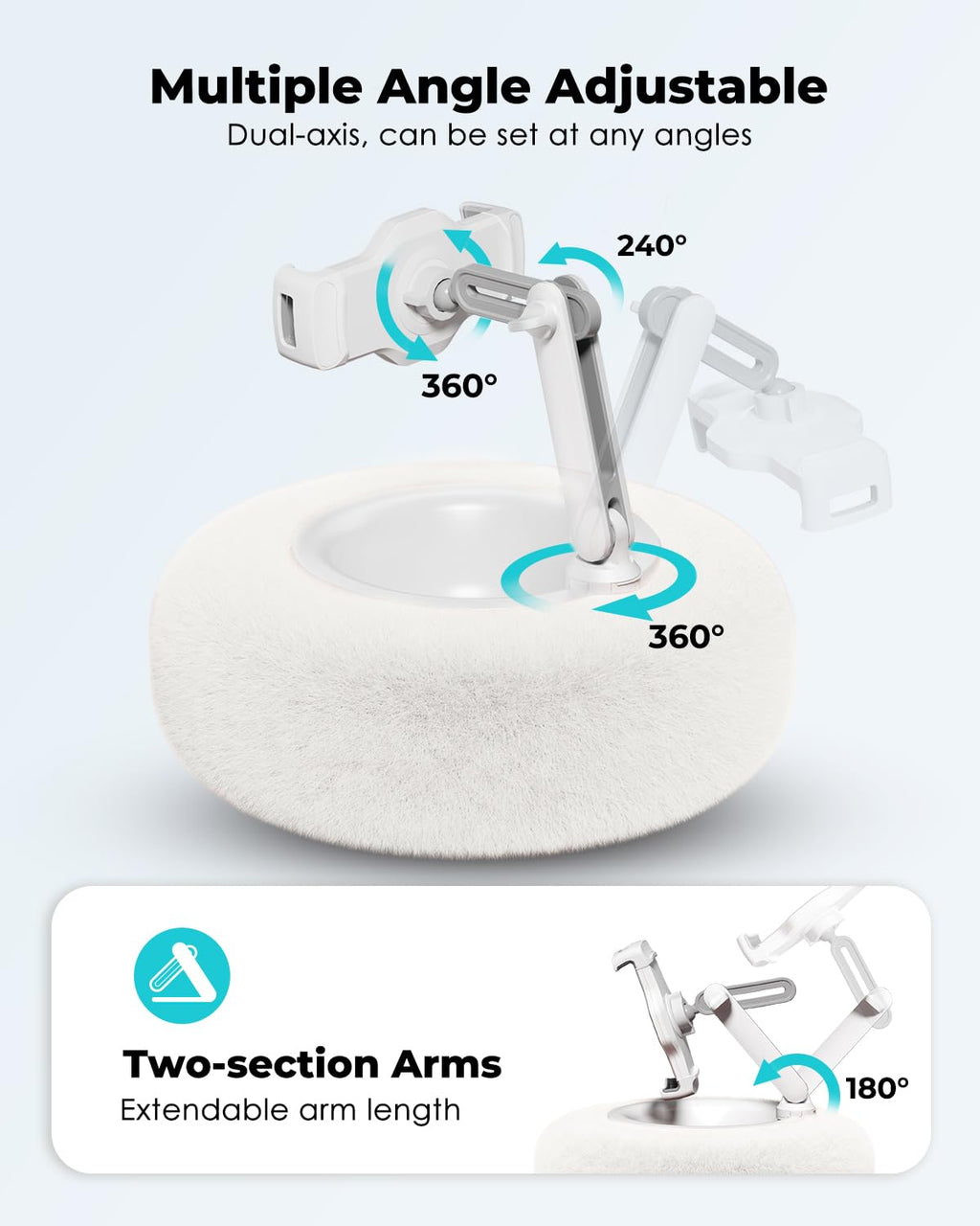 Viozon Tablet Stand Pillow, Compatible with 4.7"-13" Phone/Tablet, iPad, iPhone, Samsung, Google, Kindle, 360°Adjustable Phone Holder for Bed with Soft Plush Fabric, and Detachable Bowl, White