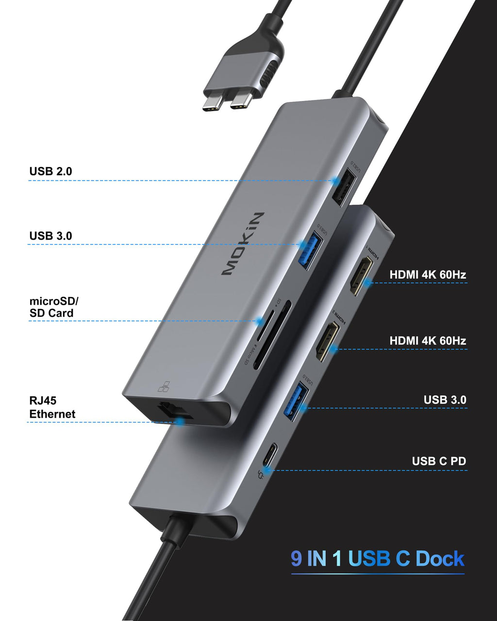 MacBook Pro Docking Station Dual Monitor MacBook Pro HDMI Adapter,9 in 1 USB C Adapters for MacBook Pro Air Mac HDMI Dock Dongle Dual USB C to Dual HDMI Ethernet 3USB SD/TF100W PD