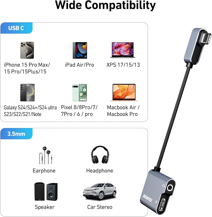 BENFEI USB C to Audio Jack Adapter with 60W Fast Charging, USB-C to 3.5mm Female Headphone Compatible with iPhone 15 Pro Max/15 Pro/15, Samsung Galaxy S24/S23/S22/S21 Ultra, iPad Pro, Pixel 8 Grey