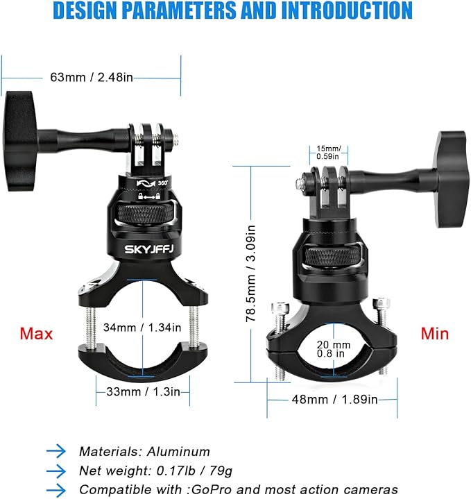 Bike Handlebar Mount for GoPro, 360 Degree Aluminium Alloy Motorbikes Round Tube Mount for Hero 13/12/11/10/9/8 and Other Action Cameras