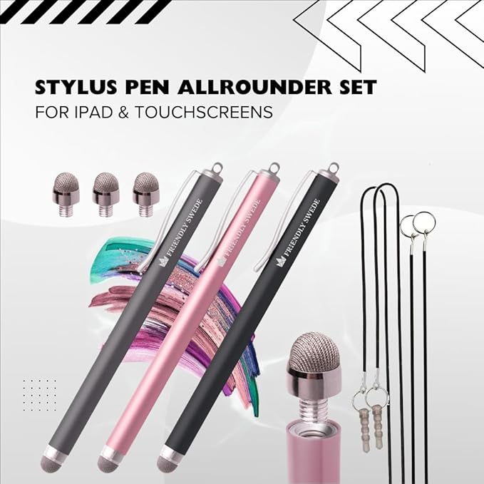 The Friendly Swede Mesh Tip Stylus Pen for Touchscreen — 3-Pack Micro-Knit Capacitive Stylus Pen for iPad & iPhone with 3 Replaceable Fiber Tips, Elastic Lanyards & Screen Cleaning Cloth